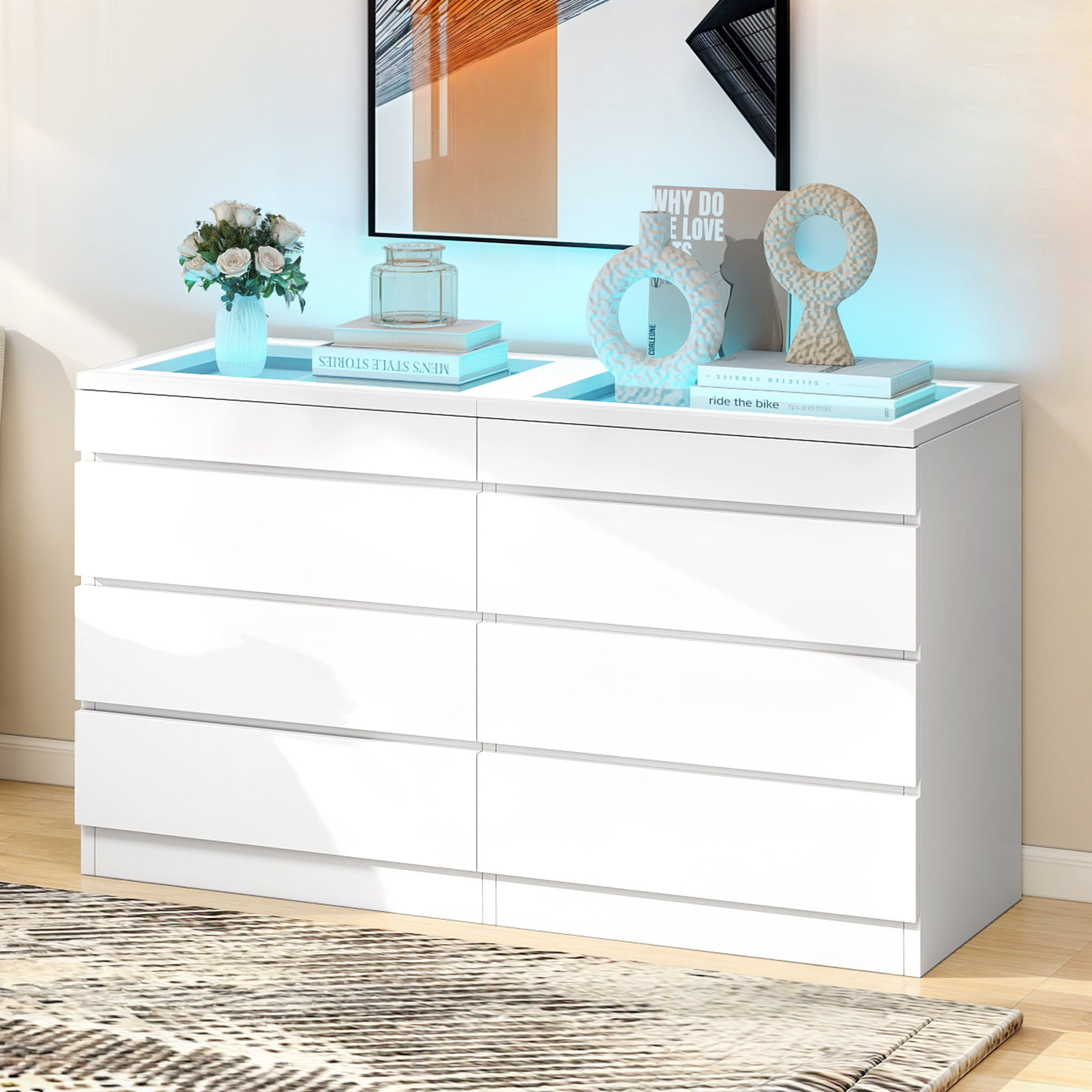 Wrought Studio LED Modern 8 Drawer Chest High Gloss Surface White Dresser With Tempered Glass Top Storage Organizer Cabinet Reviews Wayfair